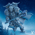 Chacol’ad Storm Axe miniature by DakkaDakka, shown from the front with fur-lined armor, sweeping cloak, massive axe, scarred face, and northern warrior styling.