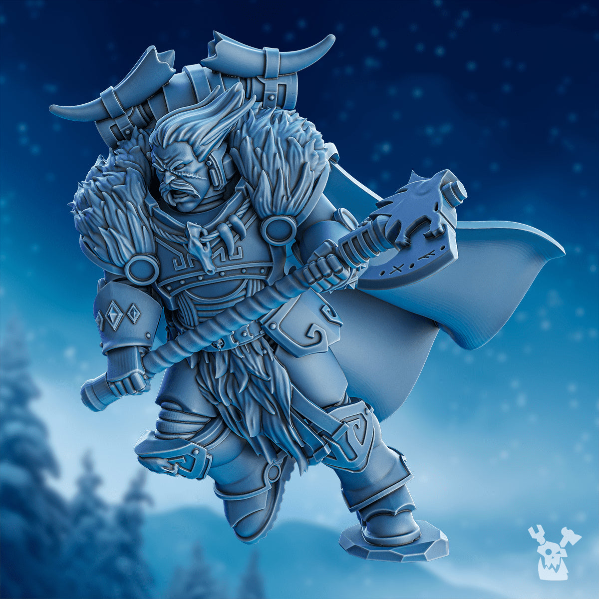 Chacol’ad Storm Axe miniature by DakkaDakka, shown from the front with fur-lined armor, sweeping cloak, massive axe, scarred face, and northern warrior styling.