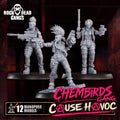 Close‑up view of three resin Chembirds Gang miniatures from Rock Head Gangs, each posed with detailed equipment, armor, and weapons on round bases.