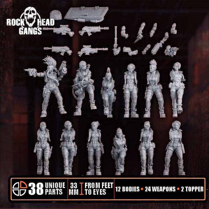 Set of twelve resin 3D‑printed Chembirds Gang miniatures from Rock Head Gangs, arranged in rows, each on round bases, showing detailed armor, gear, and weapons - modular