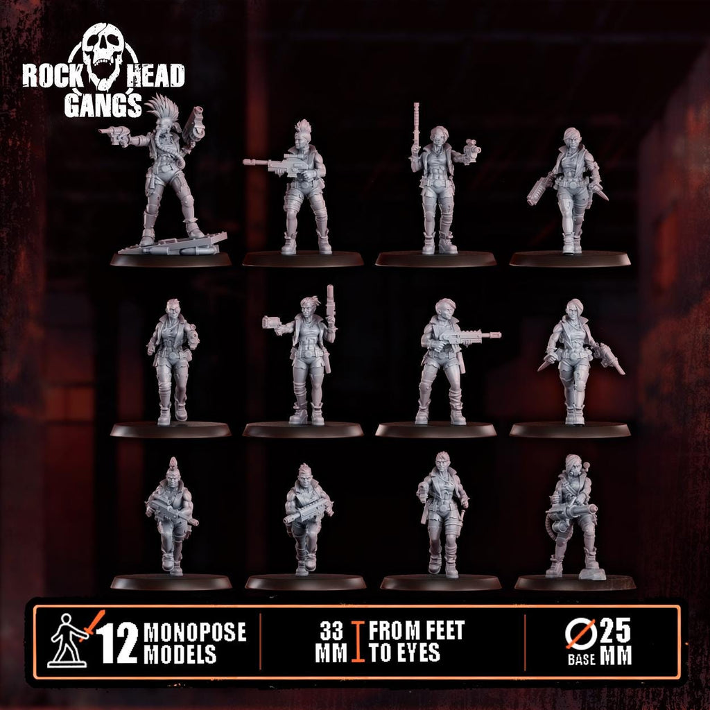 Set of twelve resin 3D‑printed Chembirds Gang miniatures from Rock Head Gangs, arranged in rows, each on round bases, showing detailed armor, gear, and weapons.