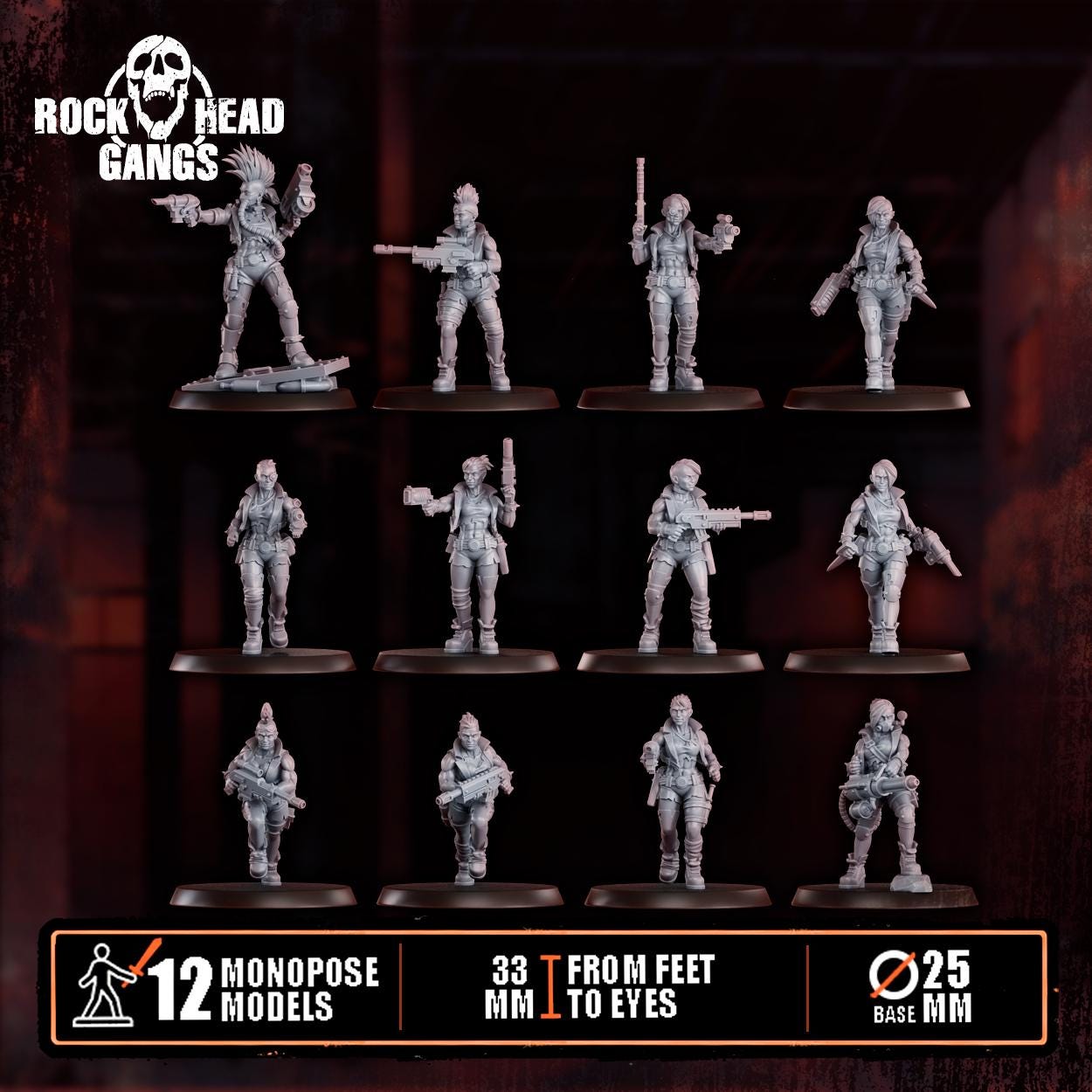 Set of twelve resin 3D‑printed Chembirds Gang miniatures from Rock Head Gangs, arranged in rows, each on round bases, showing detailed armor, gear, and weapons.