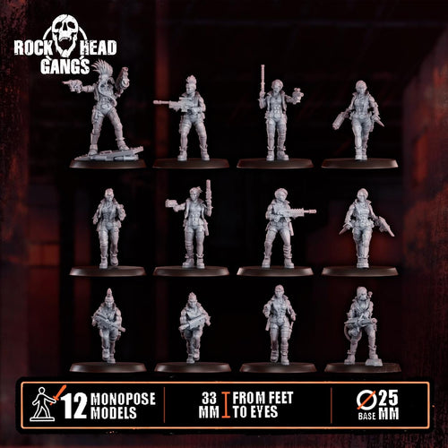 Set of twelve resin 3D‑printed Chembirds Gang miniatures from Rock Head Gangs, arranged in rows, each on round bases, showing detailed armor, gear, and weapons.