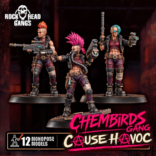 Close‑up painted renders of three resin Chembirds Gang miniatures from Rock Head Gangs, each posed with detailed equipment, armor, and weapons on round bases.  