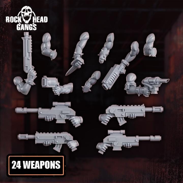 Resin 3D‑printed Chembirds Gang miniatures from Rock Head Gangs showing detailed armor, gear, and weapons.