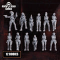 Set of twelve resin 3D‑printed Chembirds Gang miniatures from Rock Head Gangs, bodies arranged in rows showing detailed armor and gear. 