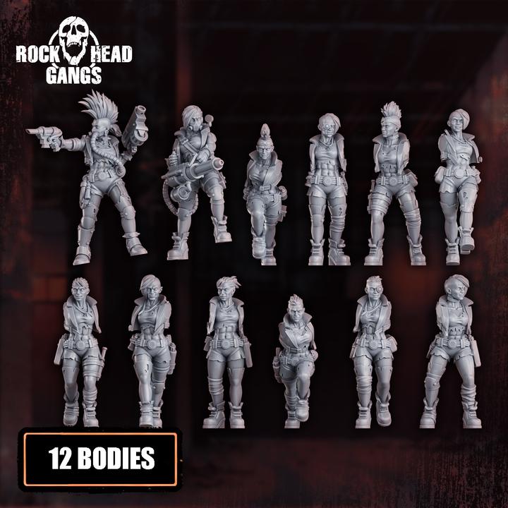 Set of twelve resin 3D‑printed Chembirds Gang miniatures from Rock Head Gangs, bodies arranged in rows showing detailed armor and gear. 