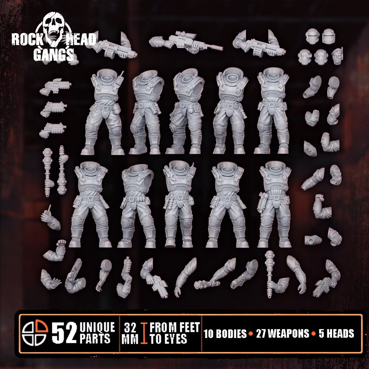 Modular view of the City Security Squad by RockHeadGangs showcasing the 10 bodies, 27 weapon options, and 5 different head options.