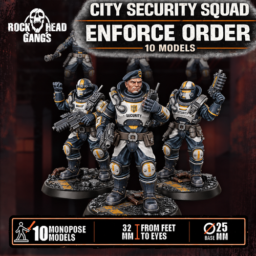 City Security Squad painted sci-fi resin miniatures by Rockhead Gangs in navy, white, and yellow armor.
