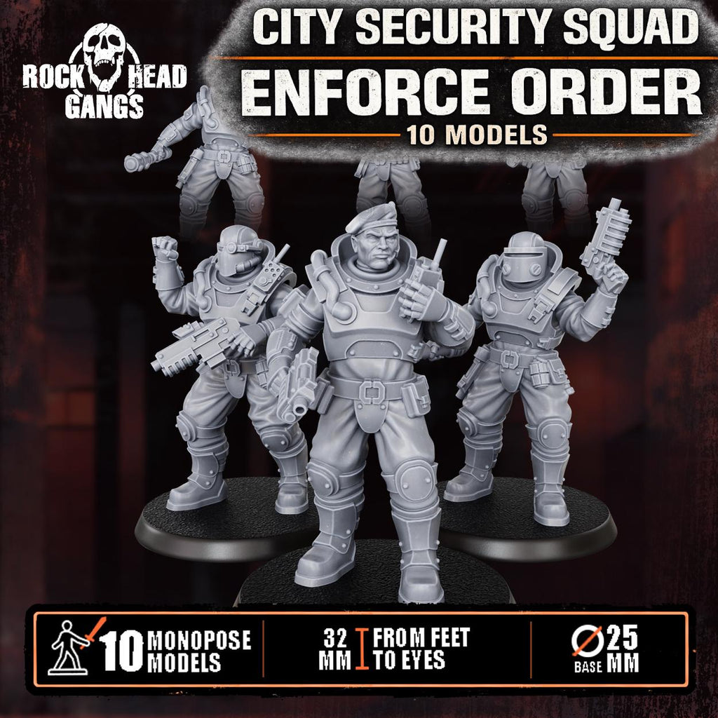 Set of resin 3D‑printed City Security Squad miniatures from Rock Head Gangs, featuring detailed tactical gear and dynamic monopose models on round bases