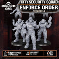 Set of resin 3D‑printed City Security Squad miniatures from Rock Head Gangs, featuring detailed tactical gear and dynamic monopose models on round bases