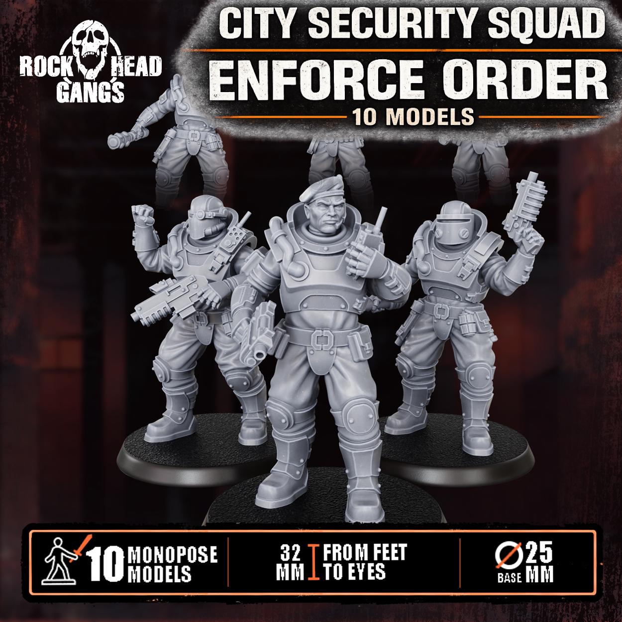 Set of resin 3D‑printed City Security Squad miniatures from Rock Head Gangs, featuring detailed tactical gear and dynamic monopose models on round bases