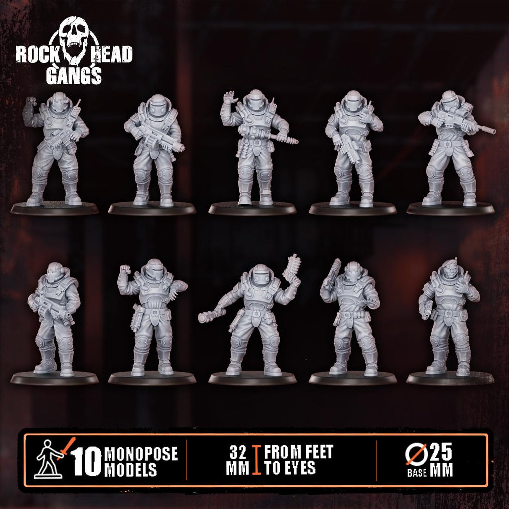 Full lineup of City Security Squad 3D‑printed resin figures from Rock Head Gangs, arranged in rows to display tactical detail and tabletop‑ready sculpting.