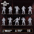 Full lineup of City Security Squad 3D‑printed resin figures from Rock Head Gangs, arranged in rows to display tactical detail and tabletop‑ready sculpting.