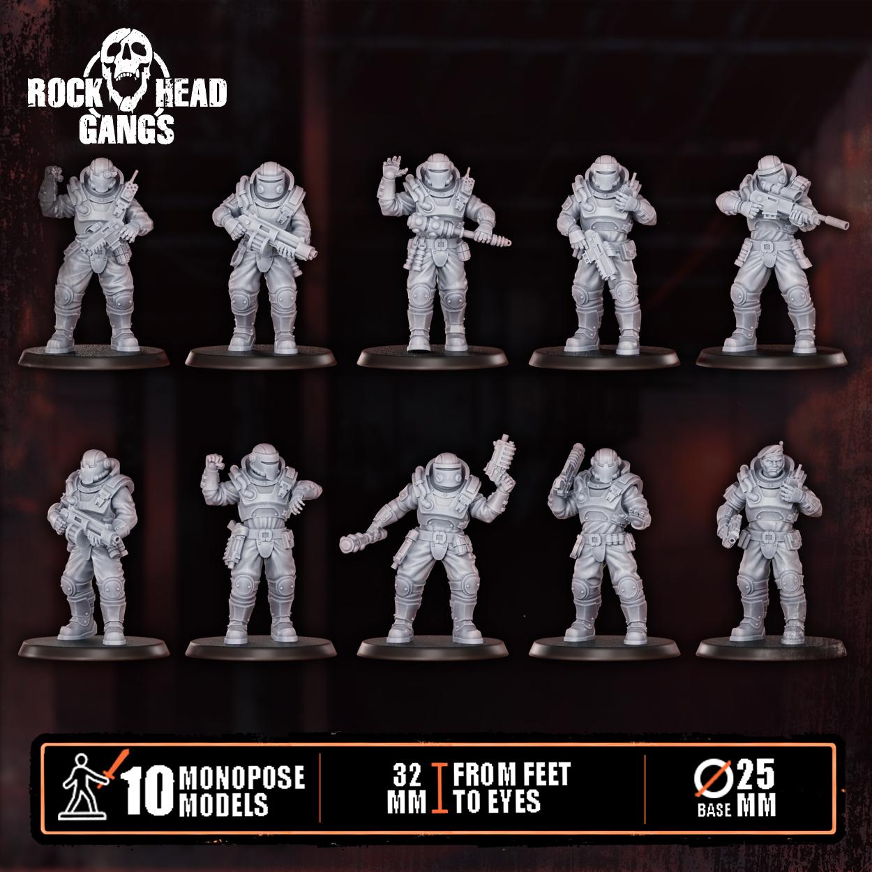 Full lineup of City Security Squad 3D‑printed resin figures from Rock Head Gangs, arranged in rows to display tactical detail and tabletop‑ready sculpting.