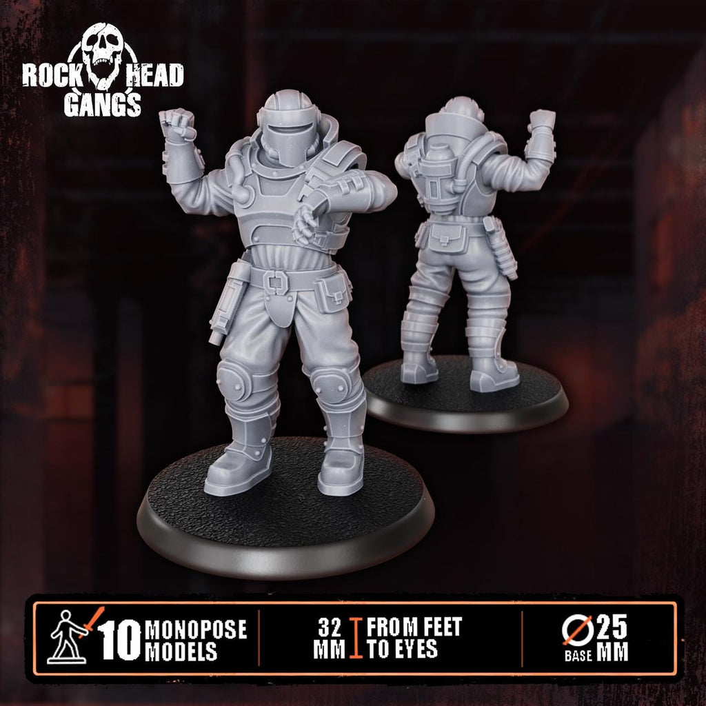 Close‑up of City Security Squad resin miniatures from Rock Head Gangs, showing finely sculpted armor, equipment, and patrol‑ready poses on round bases.