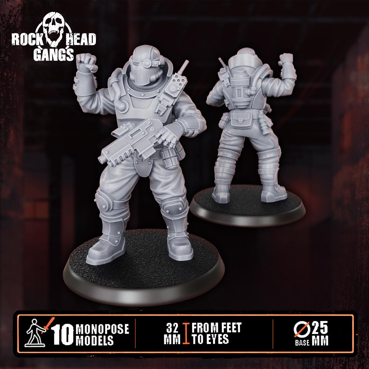Close‑up of City Security Squad resin miniatures from Rock Head Gangs, showing finely sculpted armor, equipment, and patrol‑ready poses on round bases.