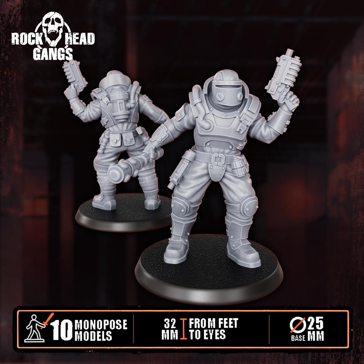 Close‑up of City Security Squad resin miniatures from Rock Head Gangs, showing finely sculpted armor, equipment, and patrol‑ready poses on round bases.