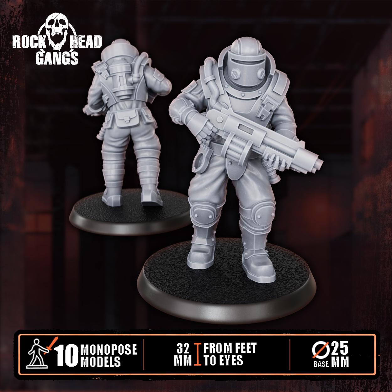 Close‑up of City Security Squad resin miniatures from Rock Head Gangs, showing finely sculpted armor, equipment, and patrol‑ready poses on round bases.