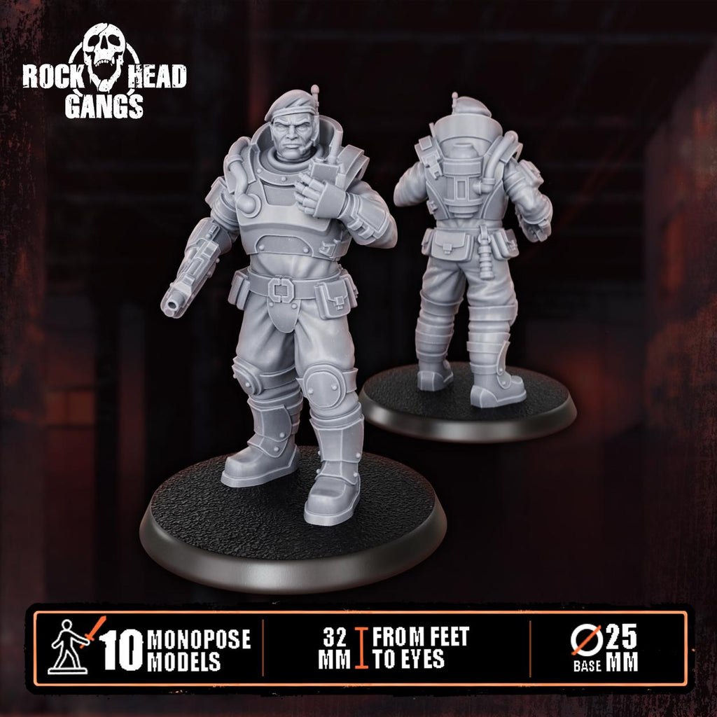 Close‑up of City Security Squad resin miniatures from Rock Head Gangs, showing finely sculpted armor, equipment, and patrol‑ready poses on round bases.