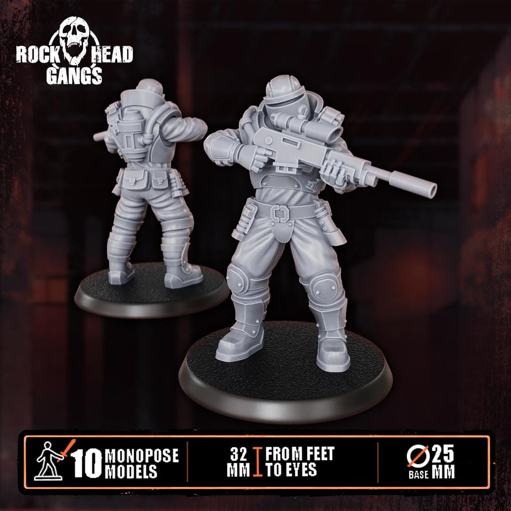 Close‑up of City Security Squad resin miniatures from Rock Head Gangs, showing finely sculpted armor, equipment, and patrol‑ready poses on round bases.