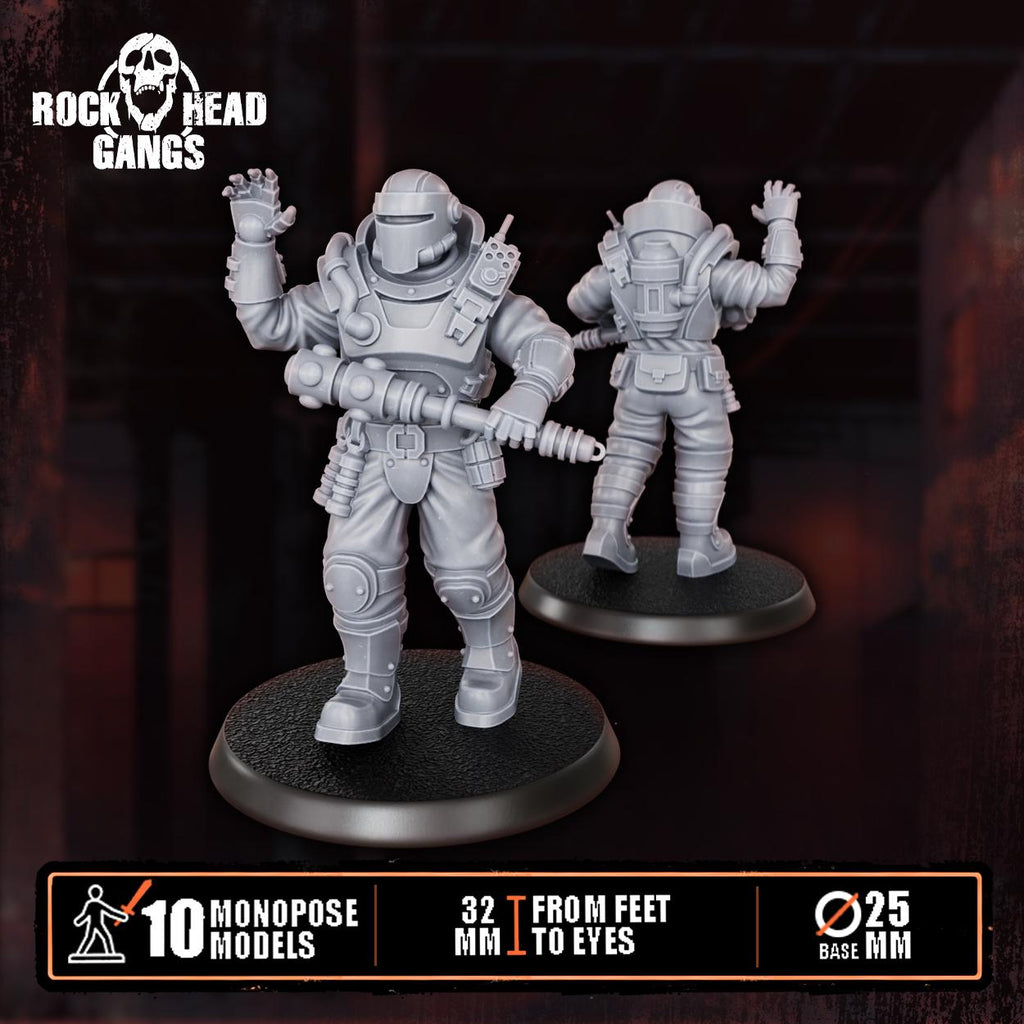 Close‑up of City Security Squad resin miniatures from Rock Head Gangs, showing finely sculpted armor, equipment, and patrol‑ready poses on round bases.