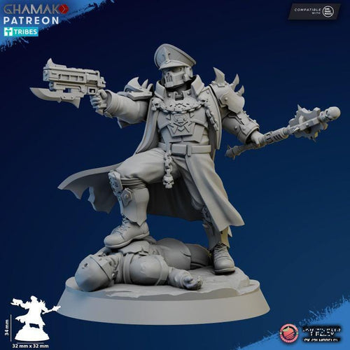 Ghamak Corrupted Guard Commissar miniature wearing an officer cap and trench coat, holding a pistol and sword.