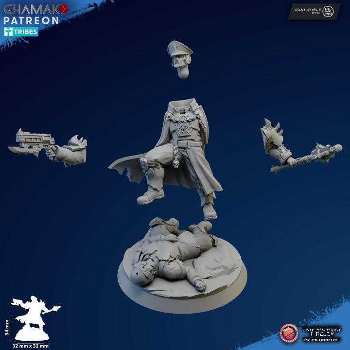 Unassembled gray resin 3D printed components and base for the Corrupted Guard Commissar officer kit.