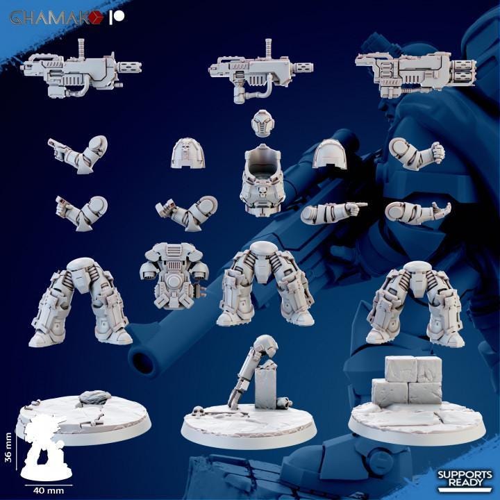 Unassembled resin components of Ghamak Cremetis Team kit — legs, chest, heads, arms, weapons, backpack, and shoulder pads
