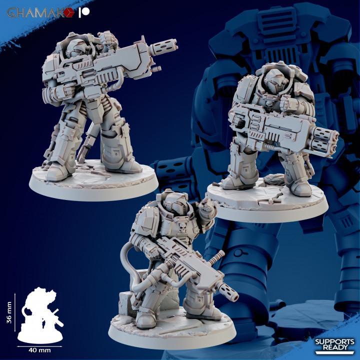  Ghamak Cremetis Team — 3 resin-printed Sidereum System sci-fi heavy infantry on 40mm sculpted bases, printed by CeeForge