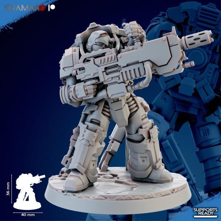  Close-up of Ghamak Cremetis Team resin miniature showing weapon arm, chest armor, and sculpted base detail