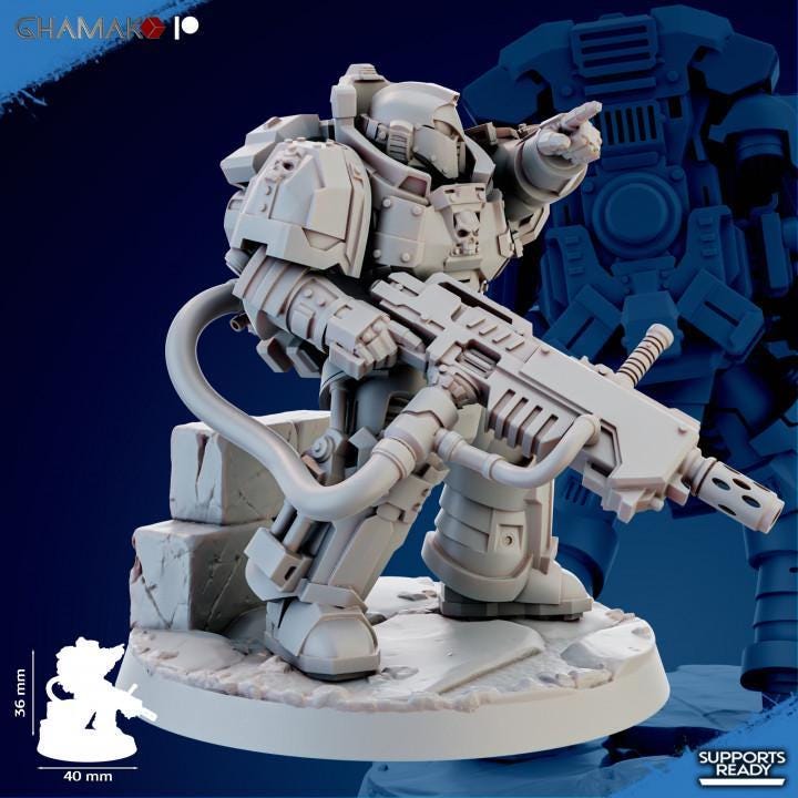  Close-up of Ghamak Cremetis Team resin miniature showing weapon arm, chest armor, and sculpted base detail