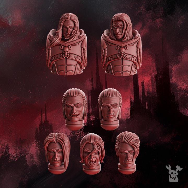 3D‑printed male character heads from the Crimson Wings set featuring detailed sci‑fi and fantasy‑style designs