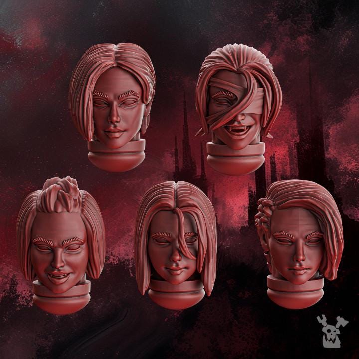 Resin 3D‑printed Crimson Wings Heads by DakkaDakka featuring five sculpted heads with stylized hair.