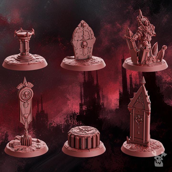 A collection of 3D‑printed Crimson Wings objective markers featuring detailed sci‑fi designs 