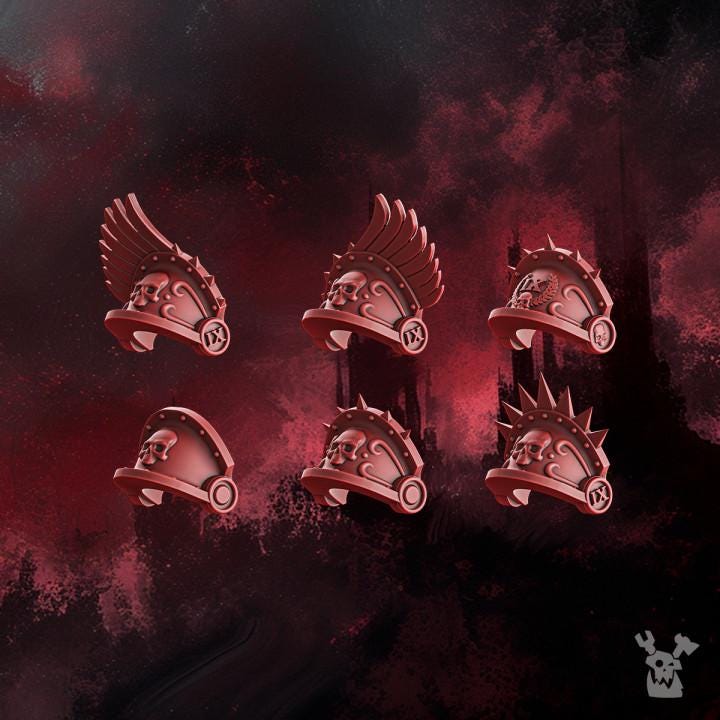 Resin 3D‑printed Crimson Wings Shoulder Pads by DakkaDakka, featuring multiple wing‑themed armor pad designs with sculpted feathers, vents, and smooth plates arranged around a central model preview.