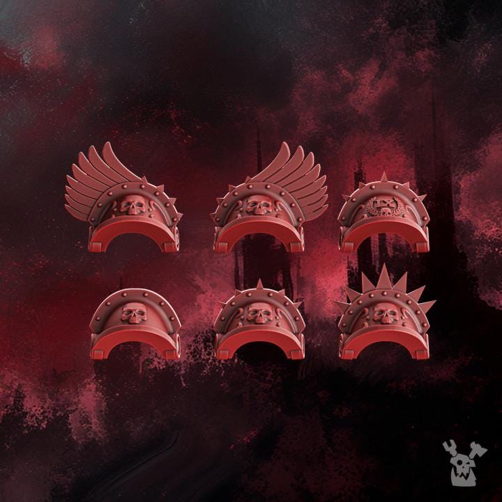 Resin 3D‑printed Crimson Wings Shoulder Pads by DakkaDakka, featuring multiple wing‑themed armor pad designs with sculpted feathers, vents, and smooth plates arranged around a central model preview.