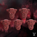 Resin 3D‑printed Crimson Wings Backpacks by DakkaDakka, featuring ornate wing‑shaped backpack units with mechanical details, vents, armor plating, and multiple stylized pieces arranged for viewing.