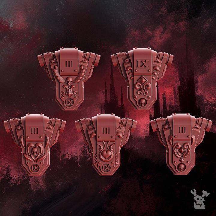 Resin 3D‑printed Crimson Wings Backpacks by DakkaDakka, featuring ornate wing‑shaped backpack units with mechanical details, vents, armor plating, and multiple stylized pieces arranged for viewing.