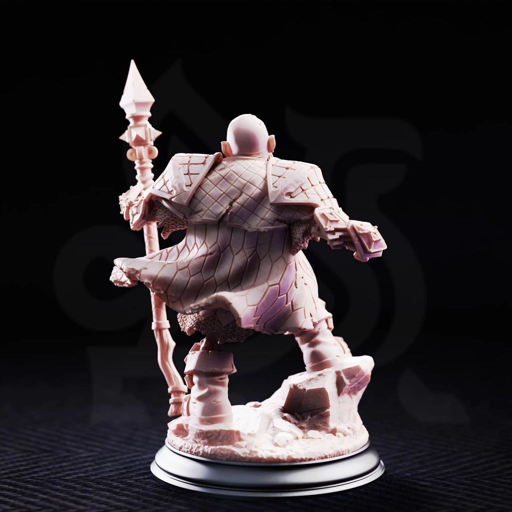 Rear view of Crook, undead dwarven brother miniature by DM Stash, showing armor, cloak, weapon, and sculpted back details.