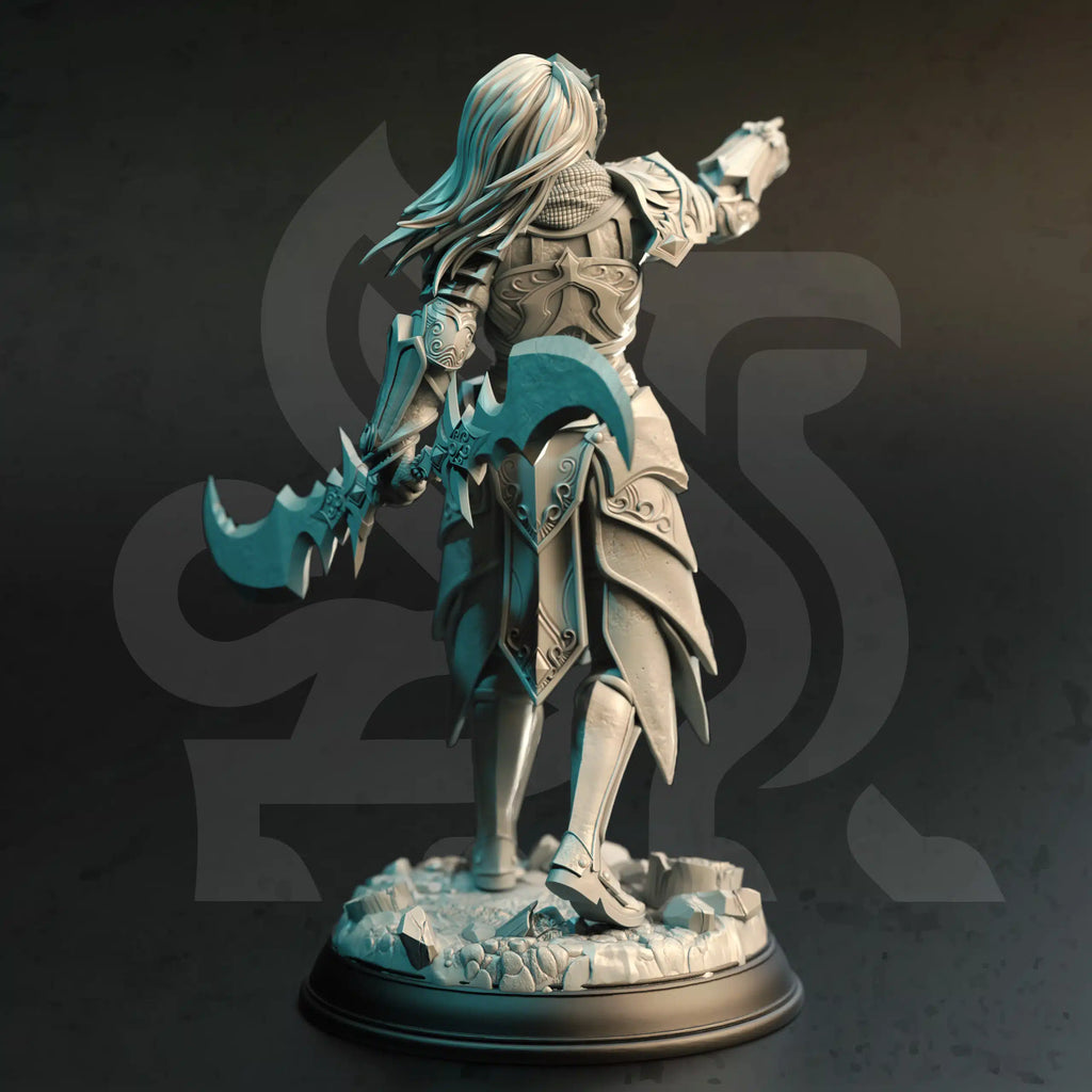 Rear view of Cyrindeth Marshall Vanguard elf miniature by DM Stash, showing armor, flowing hair, weapon, cloak details, and RPG base.