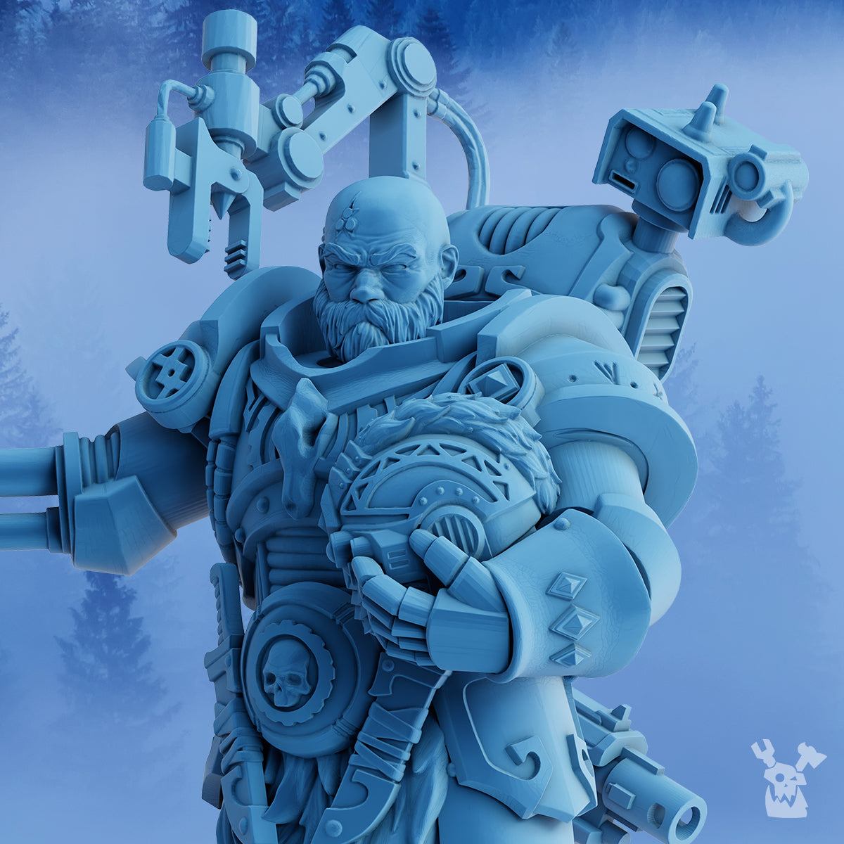 Close-up of Dangran, Father of Ethereal Mountains by DakkaDakka, showing facial detail, beard sculpting, armor plates, fur texture, shoulder gear, and character equipment.