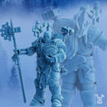 Dangran, Father of Ethereal Mountains miniature by DakkaDakka, shown from the front with heavy armor, fur details, polearm weapon, backpack gear, and veteran warrior styling.