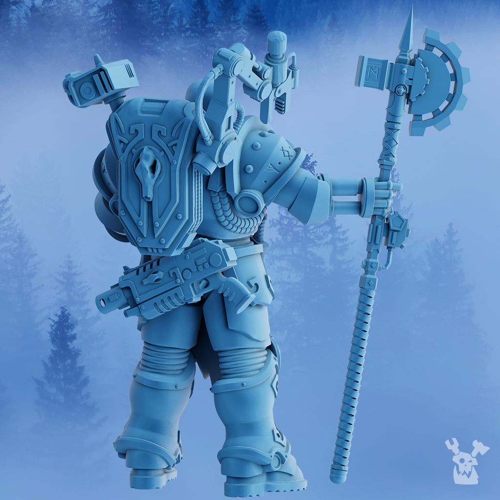 Rear view of Dangran, Father of Ethereal Mountains by DakkaDakka, showing backpack gear, armor details, fur-lined cloak elements, sidearm, and heavy weapon.