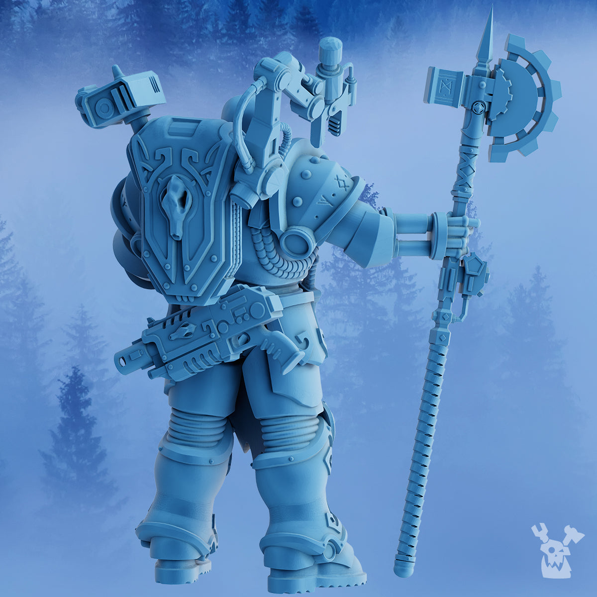 Rear view of Dangran, Father of Ethereal Mountains by DakkaDakka, showing backpack gear, armor details, fur-lined cloak elements, sidearm, and heavy weapon.