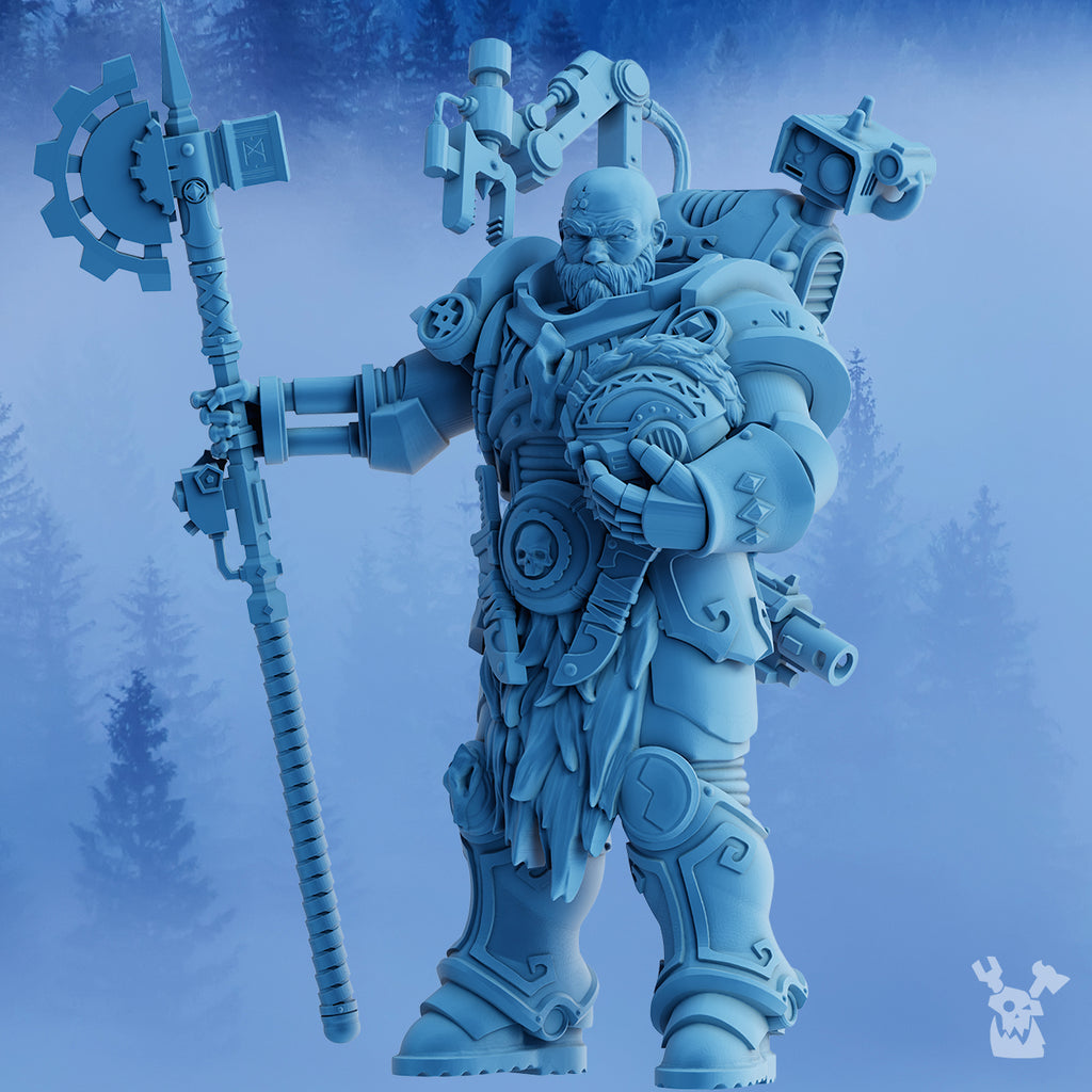 Dangran, Father of Ethereal Mountains miniature by DakkaDakka, shown from the front with heavy armor, fur details, polearm weapon, backpack gear, and veteran warrior styling.
