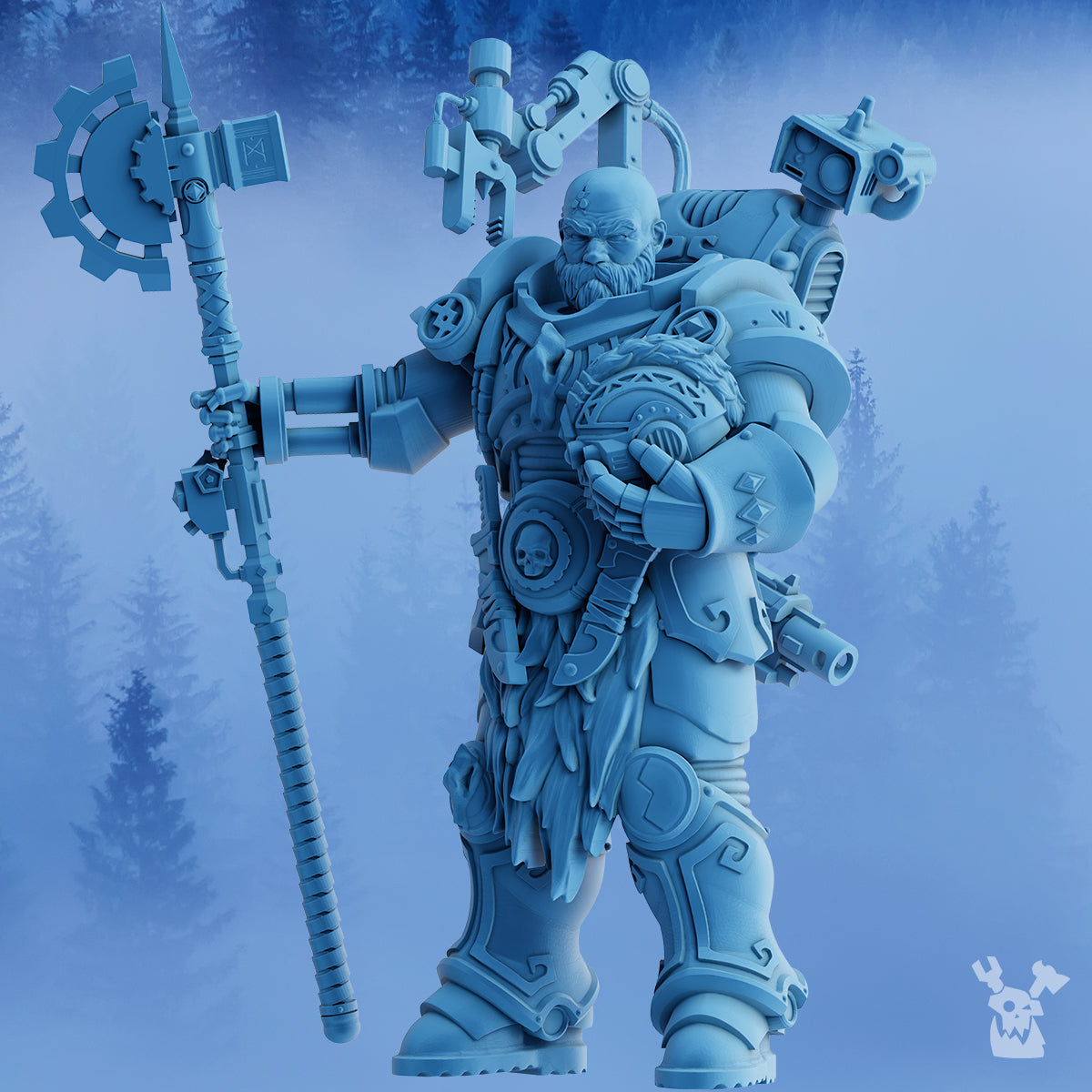 Dangran, Father of Ethereal Mountains miniature by DakkaDakka, shown from the front with heavy armor, fur details, polearm weapon, backpack gear, and veteran warrior styling.