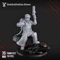 Dawnguard Commissar sci-fi resin miniature by DakkaDakka, shown from the front with officer cap, respirator mask, raised pistol, flowing coat, and scenic base.