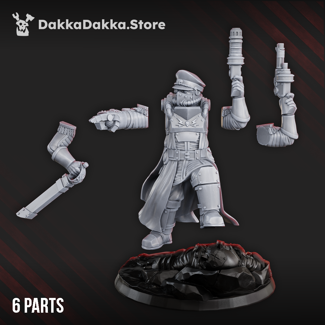 Dawnguard Commissar by DakkaDakka shown as separate resin parts, including body, scenic base, sword arm, pistol arm, and alternate weapon pieces.