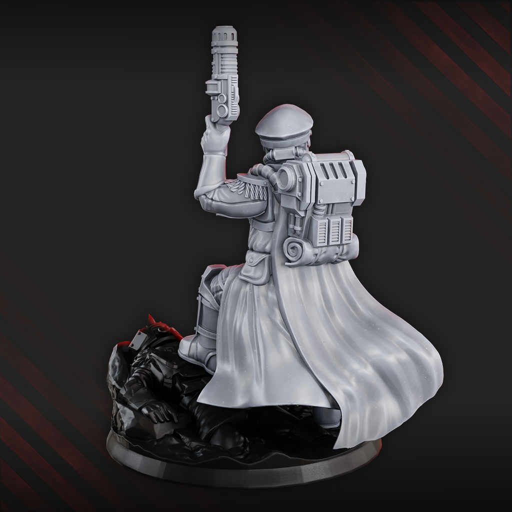 Rear view of Dawnguard Commissar by DakkaDakka, showing flowing coat, backpack detail, raised pistol, armor panels, and scenic base.